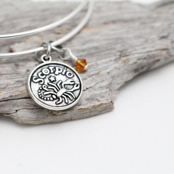 November Scorpio Adjustable Charm Bangle - Handmade Zodiac Bracelet - Picture 4 of 12